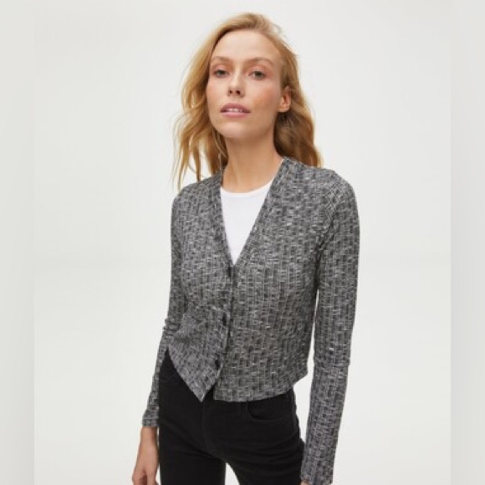 Michael Stars Felice Ribbed Button Down Crop Cardigan Heather Gray size XS NWOT